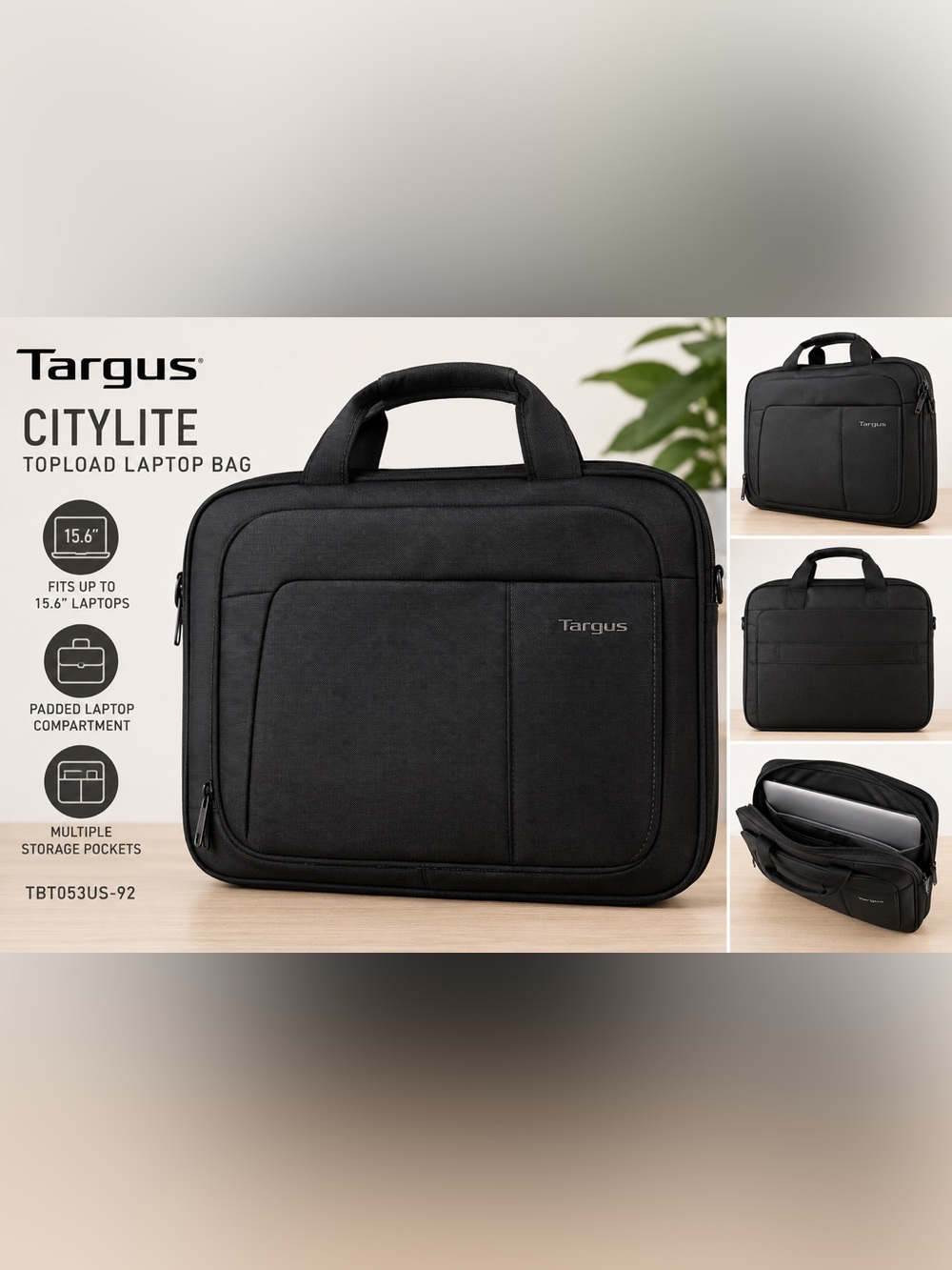 New Targus CityLite Topload laptop bag in black, model TBT053US-92